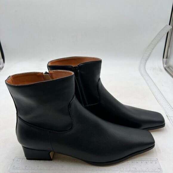 Black Women Square Toe Comfort Kitten Low Heel Ankle Boot Side Zipper Bootie - Picture 3 of 7